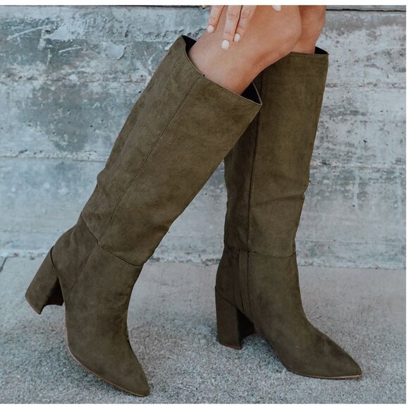 NEW Lulus SZ 8 Katari Olive Green Suede Pointed Toe Knee High Boots Block Heels - Picture 2 of 10